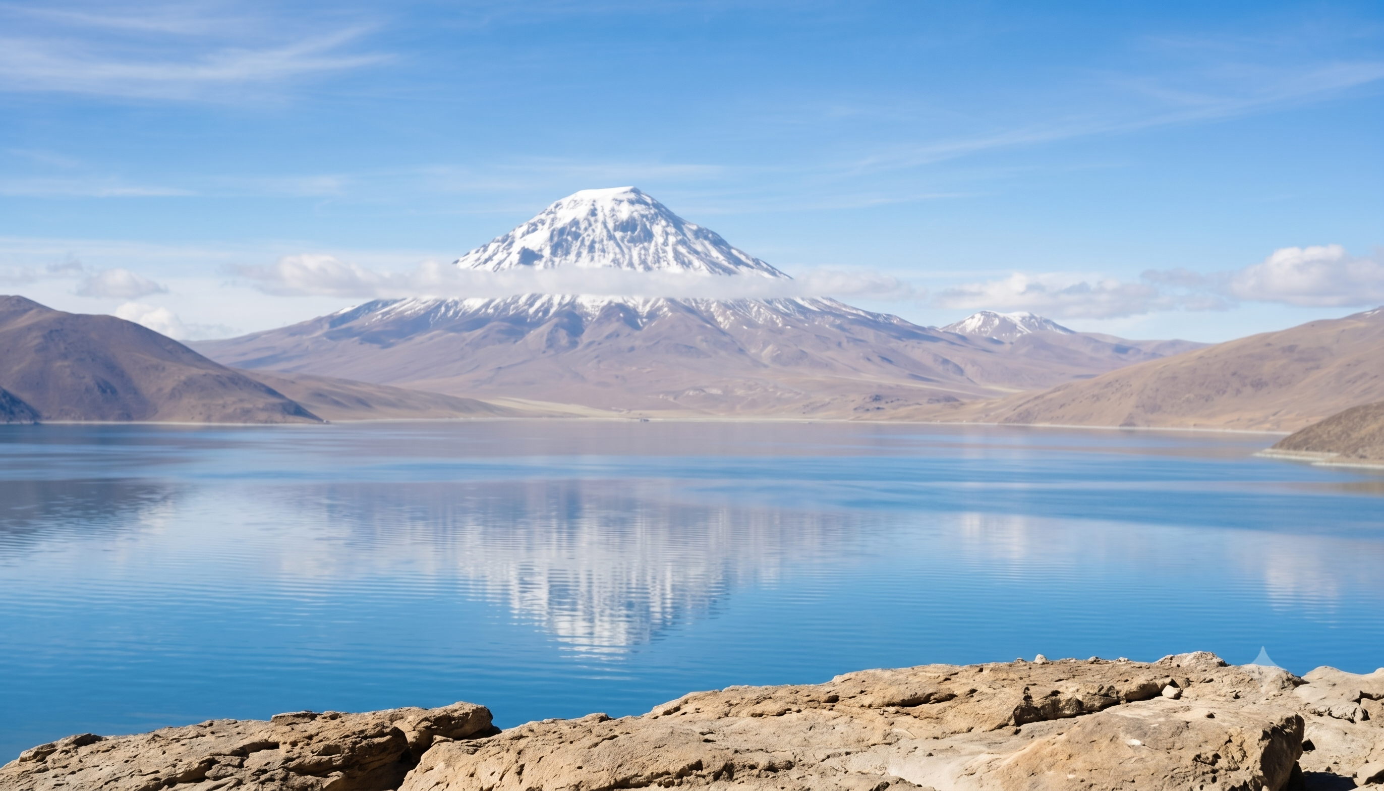 The still waters of Lake Mansarovar with the Himalaya behind, depth layer 1